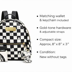 Peanuts Snoopy Mini Backpack Set Checkerboard Wallet Keychain Black White